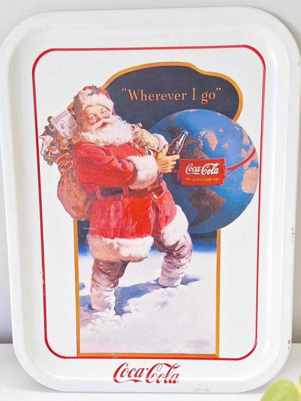 Vintage Coca Cola Santa Claus coke metal beverage serving tray "Wherever I go"